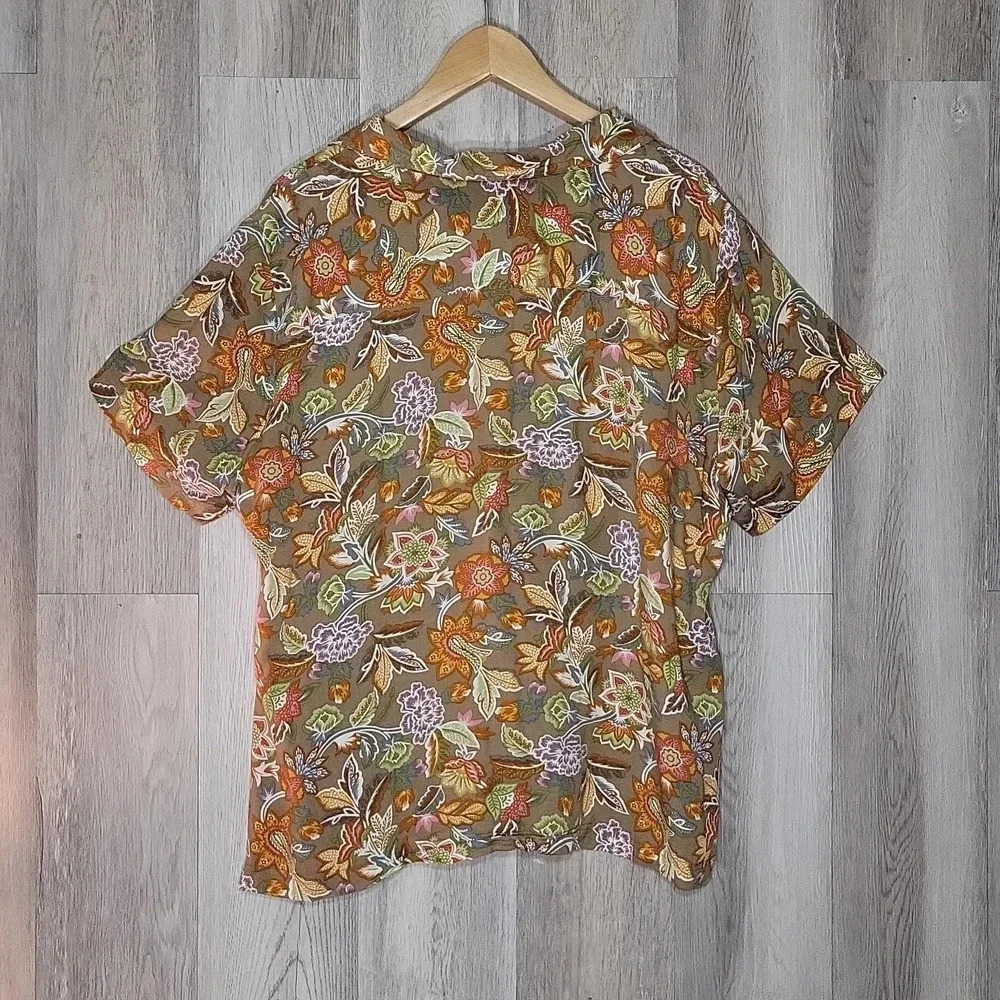 Hawaiian Palm Colorful Floral Short Sleeve Collared Casual Button‎ Up Women 2XL - Picture 2 of 7
